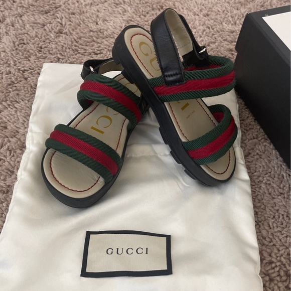 GUCCI kids Green/Red Vintage Web Nylon Open Toe Sandals Size 25/9C - Picture 2 of 12